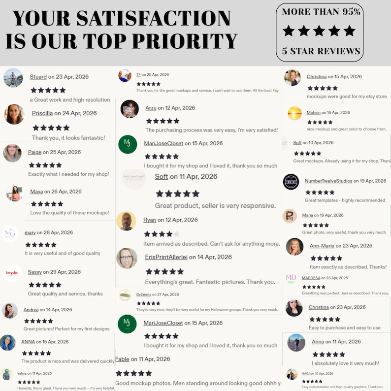 May include: Image showcasing customer reviews with a 5-star rating and the text "YOUR SATISFACTION IS OUR TOP PRIORITY." Reviews highlight product quality, ease of use, and customer satisfaction. The image also states "MORE THAN 95%" and "5 STAR REVIEWS."
