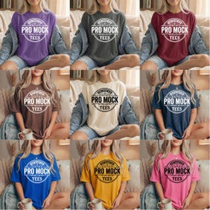 May include: A selection of t-shirts in diverse colours, such as purple, grey, burgundy, brown, cream, navy blue, yellow, and pink. Each shirt displays the text "PRO MOCK TEES" within a circular design.