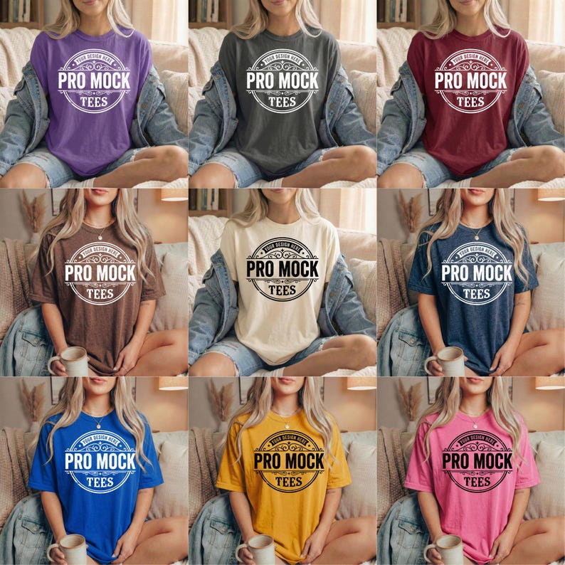 Peut inclure: Une collection de t-shirts de diff&eacute;rentes couleurs, dont le violet, le gris, le bordeaux, le marron, le cr&egrave;me, le bleu marine, le bleu, le jaune et le rose. Chaque t-shirt affiche le texte "PRO MOCK TEES" dans un design circulaire.