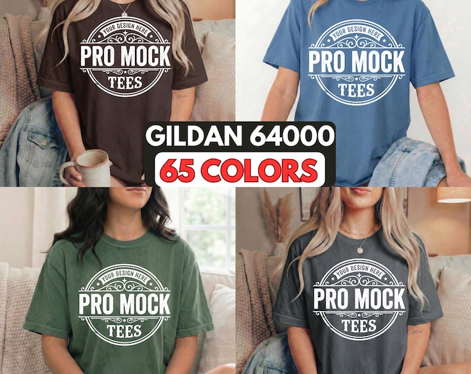 Featured listing image: Gildan 64000 T-Shirt Mockup Bundle | 65 Colors, 3 Poses (Digital Download)