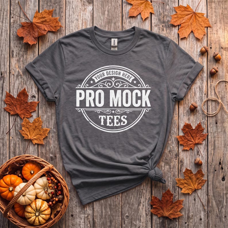 May include: A dark gray short-sleeved t-shirt featuring a white circular graphic print on the chest. The graphic includes the text "YOUR DESIGN HERE", "PRO MOCK", and "TEES" surrounded by decorative scrollwork and a circular border.