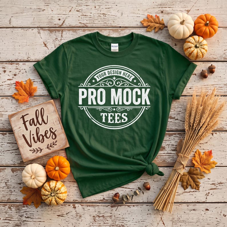 May include: A dark green short-sleeve t-shirt featuring a white circular graphic with the text "YOUR DESIGN HERE", "PRO MOCK", and "TEES" printed in the center. The shirt is displayed flat with a knotted side and a wooden sign reading "Fall Vibes".