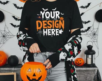 Halloween T-Shirt Mockup: Bella Canvas 3001 Black Tee (PSD Template)