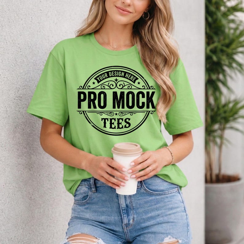 May include: A lime green t-shirt with a black circular design that reads "Your Design Here" and "Pro Mock Tees". The person is holding a white coffee cup with a tan lid. The person is wearing blue jeans.