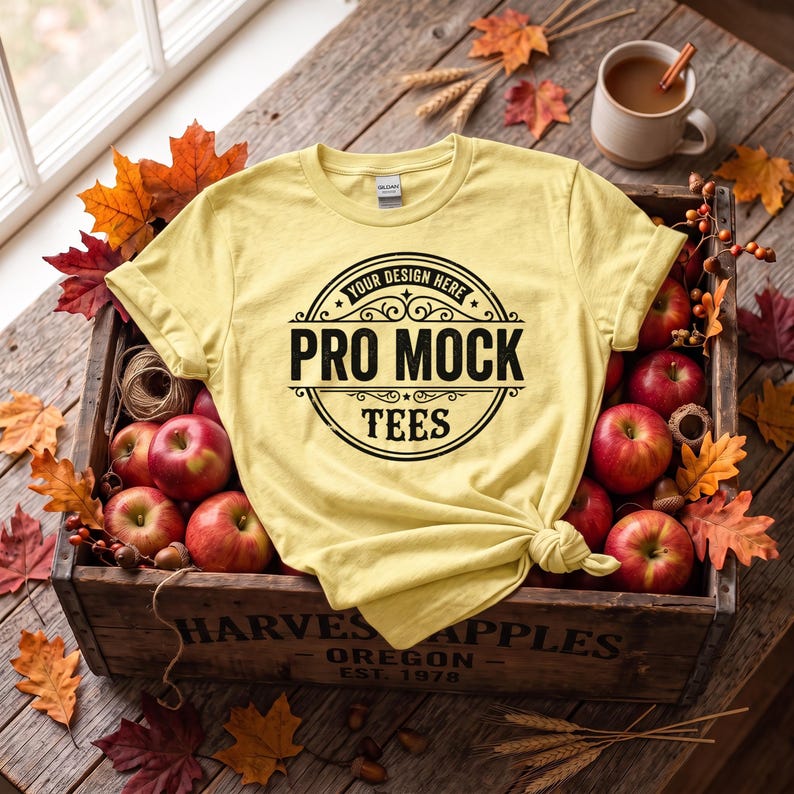 May include: A light yellow short-sleeved t-shirt with a black circular graphic print that reads "YOUR DESIGN HERE PRO MOCK TEES" in the center. The shirt is placed inside a wooden crate filled with red apples and scattered autumn leaves.