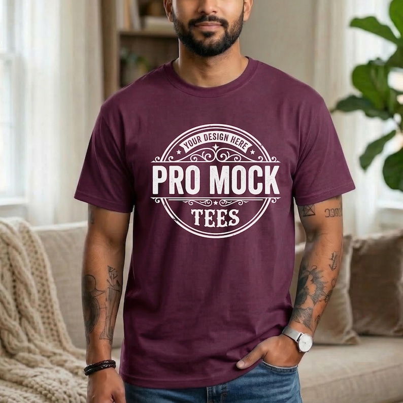 May include: A maroon t-shirt with a white circular logo that reads "YOUR DESIGN HERE" at the top, "PRO MOCK" in the center, and "TEES" at the bottom. The t-shirt is short-sleeved and has a crew neck.