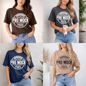 May include: Four t-shirts in different colors: brown, charcoal gray, navy blue, and tan. Each shirt features a circular design with the text "YOUR DESIGN HERE" and "PRO MOCK TEES" in a white font. The shirts are worn with blue denim shorts.