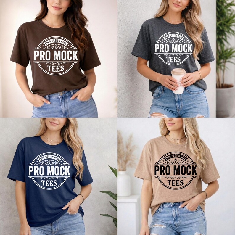 May include: Four t-shirts in different colors: brown, charcoal gray, navy blue, and tan. Each shirt features a circular design with the text "YOUR DESIGN HERE" and "PRO MOCK TEES" in a white font. The shirts are worn with blue denim shorts.