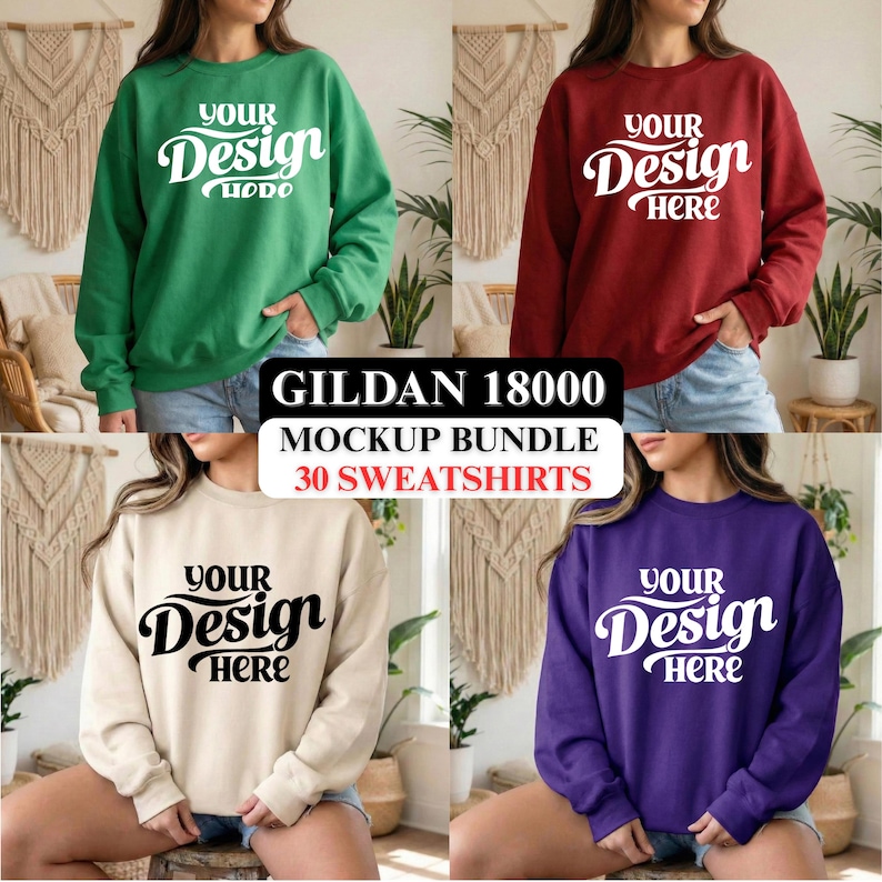 Gildan 18000 Sweatshirt Mockup Bundle – POD Apparel Template (Digital Download) image 1
