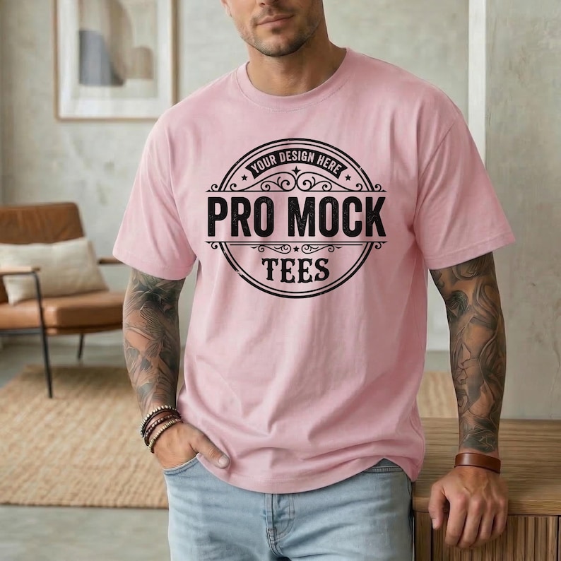 May include: A light pink t-shirt with the text "YOUR DESIGN HERE" in a circular design above "PRO MOCK TEES" in black. The shirt is short-sleeved and has a relaxed fit.