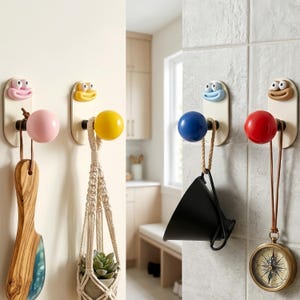 Cute Adhesive Wall Hooks, Heavy Duty No Drill Dopamine Bathroom Hanger for Towels and Keys, Colorful Self Adhesive Utility Hook Organizer