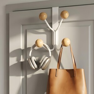 No Drill Over Door Hook Rack, Metal Coat Hanger with Wooden Knobs, 4 Hook Cabinet Organizer for Kitchen, Bathroom, Bedroom, 2 Colors
