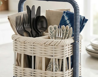 Panier à couverts en rotin, 4 compartiments, avec poignée haute, bleu marine et crème