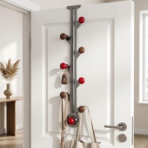 Puede incluir: Un perchero vertical para puerta con marco de metal gris oscuro y pomos esféricos que alternan entre rojo y marrón. El perchero sostiene un llavero marrón con la letra A, una correa beige y un bolso de lona beige en sus ganchos.