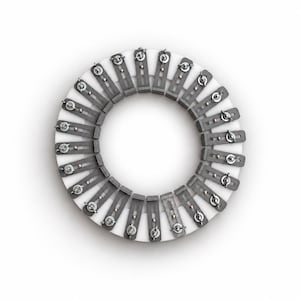 May include: A circular white ring component featuring a series of evenly spaced, dark grey metal clips attached around its perimeter. Each clip is secured with a small silver-toned wing nut and bolt assembly, creating a uniform mechanical arrangement.
