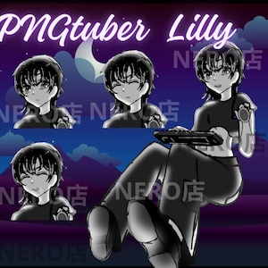 May include: A digital illustration featuring a character with black hair and a black outfit, holding a tablet. The image includes the text "PNGtuber Lilly" in a neon style, set against a gradient background of blue, purple, and black.
