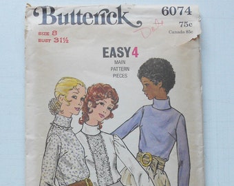 Butterick 6074, Size 8; CUT, Out of Print, Vintage, 1970, Blouse Pattern
