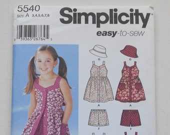 Simplicity 5540, Size 3,4,5,6,7,8; UNCUT, Out of Print, Vintage,  Top, Pants, Shorts, and Hat Pattern, Summertime Playsuit