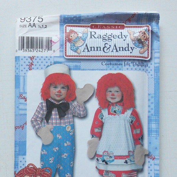 Simplicity 9375, Size 1/2,1,2; UNCUT, Out of Print, Vintage, Raggedy Ann and Andy Pattern, Toddlers Doll Costume