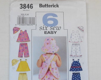 Butterick 3846, Size Nb,Sml,Med; UNCUT, Out of Print, Infants Top, Shorts, Pants and Hat Pattern