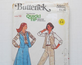 Butterick 5931, Size 12; UNCUT, Out of Print, Vintage, Shirt, Vest, Pants, Skirt Pattern