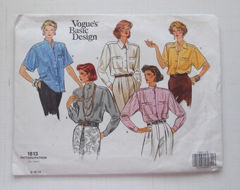 Vogue 1813, Size 8,10,12; UNCUT, Out of Print, Vintage, 1986, Shirt Pattern, Button up Shirt Pattern