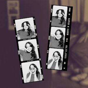 Puede incluir: Dos tiras de fotos en blanco y negro, cada una con tres imágenes de una persona posando. El texto "KATIE & AARON" y "09.04.2025" están impresos en las tiras. Las imágenes tienen una estética vintage.