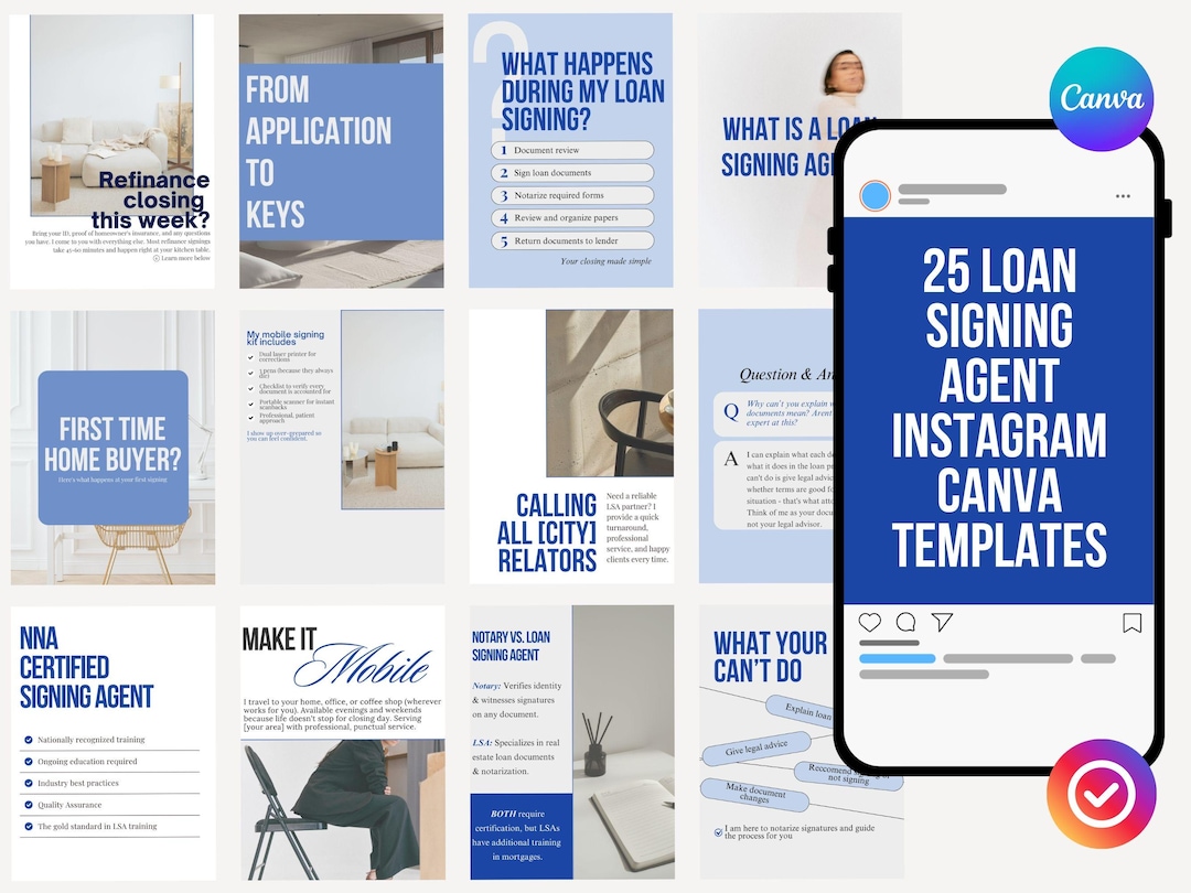 Signing In Posts Loan Signing Agent Notary Instagram Templates • Blue Canva Pack • 25 ...