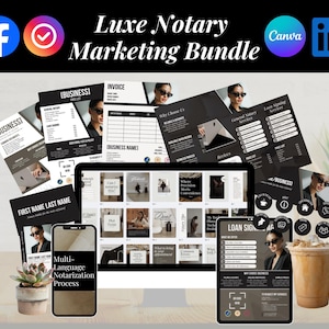 May include: A marketing bundle for notaries, featuring a variety of digital templates and branding materials. The image includes a computer monitor, tablet, and smartphone displaying marketing materials. The text "Luxe Notary Marketing Bundle" is visible.