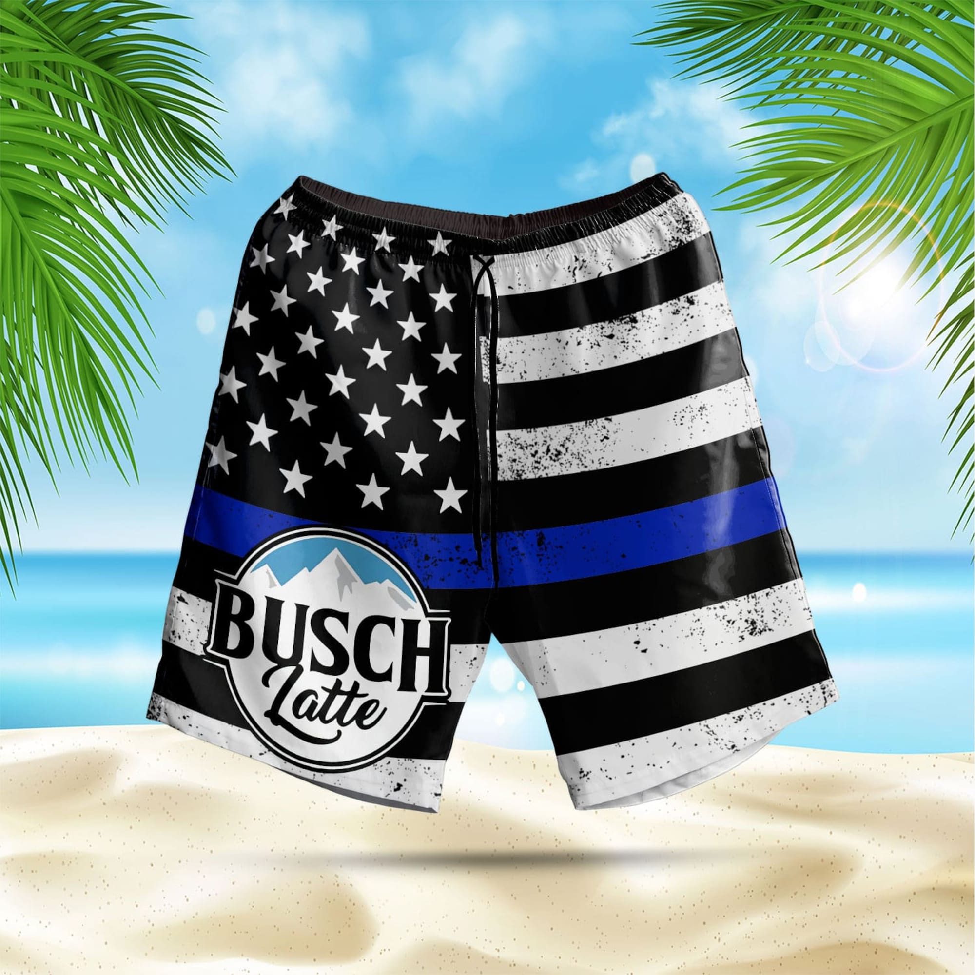 Busch Latte US Flag Beach Shorts, Comfortable For Mens, Beer Lovers, Summer Shorts, Gift For Him, Father Day Gift
