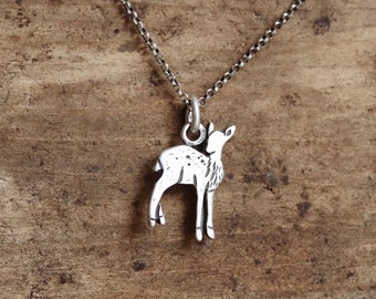 Lil Fawn - Baby Deer Charm Necklace - Solid Sterling Silver Fawn Deer Necklace