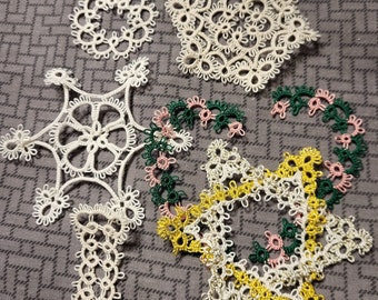 SALE!!!!  Ready made  TATTED  Christmas Hanukkah Handmade Tatting, Stocking, Snowflakes, Star of David, Candy Canes, Snowman