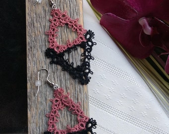 Tatted EARRINGS, TRIANGULAR  Dangle Earrings, Handmade Tatting, CUSTOM Tatted Earrings, Unique Tatting, One-of-a-Kind Tatted Necklace