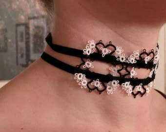 HANDMADE  TATTED Choker with Velvet Ribbon, Tatting can be Made to Order, Gift for Bridesmaids, Steampunk, French Maid costume accessory