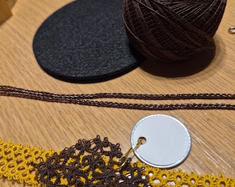 Tatted Choker, ONE of a KIND, Double Row Frilly pattern, Antique Gold colored thread with a Tatted BROWN medallion and Metallic looking ties