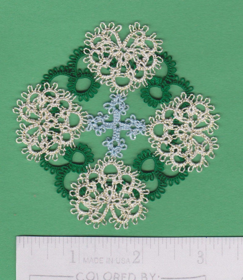 Christening tatted lace Baptism First Communion approx 3 LOVE of GOD Cross CHRISTMON in Tatting Handmade Lace Christmas ornament