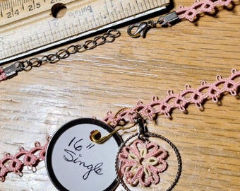 Tatted Choker, ONE OF A KIND, Single Row, Alberta Rose colored thread with a Silver-colored Charm & Wee Tatted Treasure