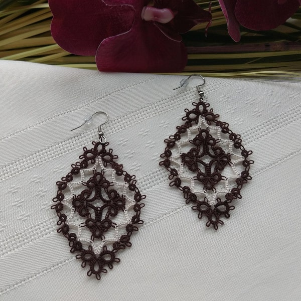 Tatted  EARRINGS  Tatted Chic, Handmade Tatting, DRESSY Tatted Downton Abbey look, Victorian Tatting, Modern Tatted Earrings, Center Cross