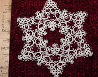 CUSTOM  ORDER:  Tatted   PRELUDE  Snowflake  Handmade Tatting, Single Large 4" snowflake or a 3-pack of Small 2" Wreaths, Festive Decoration