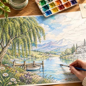 May include: A watercolour painting in progress depicting a serene landscape with a weeping willow, a small boat at a wooden dock, a calm lake, and distant mountains. The artwork features a partially coloured scene with white daisies in the foreground and a note that reads Coloring In Progress.