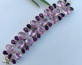 Pink topaz/amethyst bracelet,925 sterling silver bracelet,handmade bracelet,gift for women,birthday gift,pink gemstone bracelet