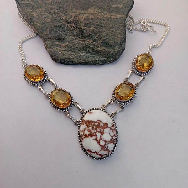 Wild horse Jasper/citrine necklace,925 sterling silver necklace,handmade necklace,gift for women,birthday gift,yellow gemstone necklace