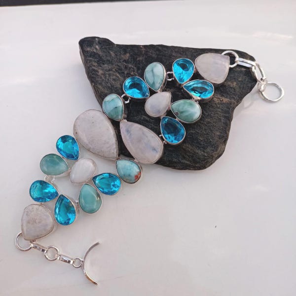 Natural moonstone/blue topaz/Larimar bracelet,925 sterling silver bracelet,handmade bracelet,gift for women,birthday gift.