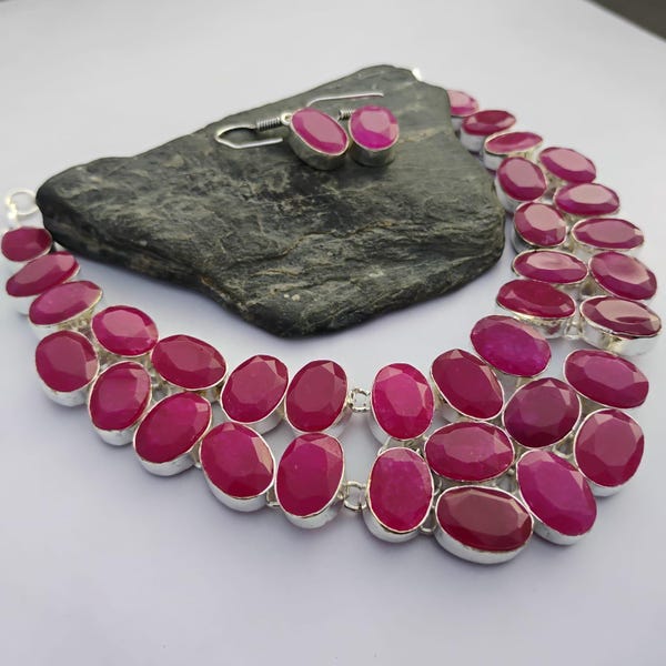 Natural Red Ruby statement necklace earing set,925 sterling silver necklace earing set, handmade necklace earing set, ruby jewelry for women