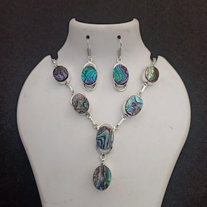 Abalone Muschel Statement Kette Ohrring Set,925 Sterling Silber Kette,handgefertigte Kette,Geschenk für Frauen,Geburtstagsgeschenk,Geschenk für Sie.