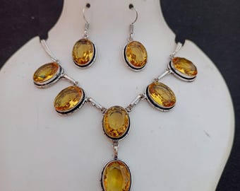 Citrin Halskette Ohrring Set,925 Sterling Silber Halskette,handgefertigte Halskette,Geschenk für Frauen,Geburtstagsgeschenk,gelbe Edelstein Halskette Ohrringe