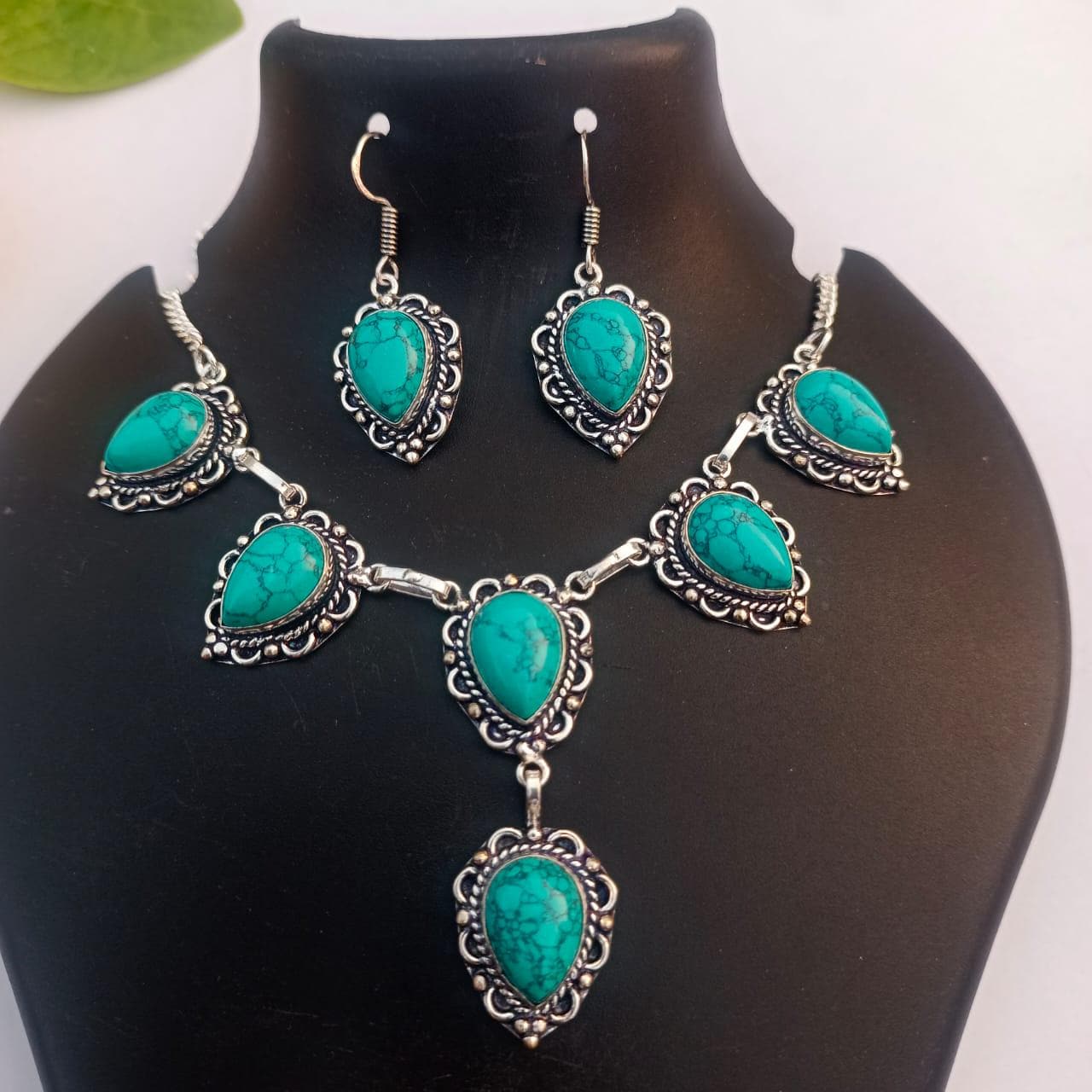 Natural turquosie necklace earing set,925 sterling silver necklace,handmade necklace,gift for women,birthday gift,luxury jewelry for women