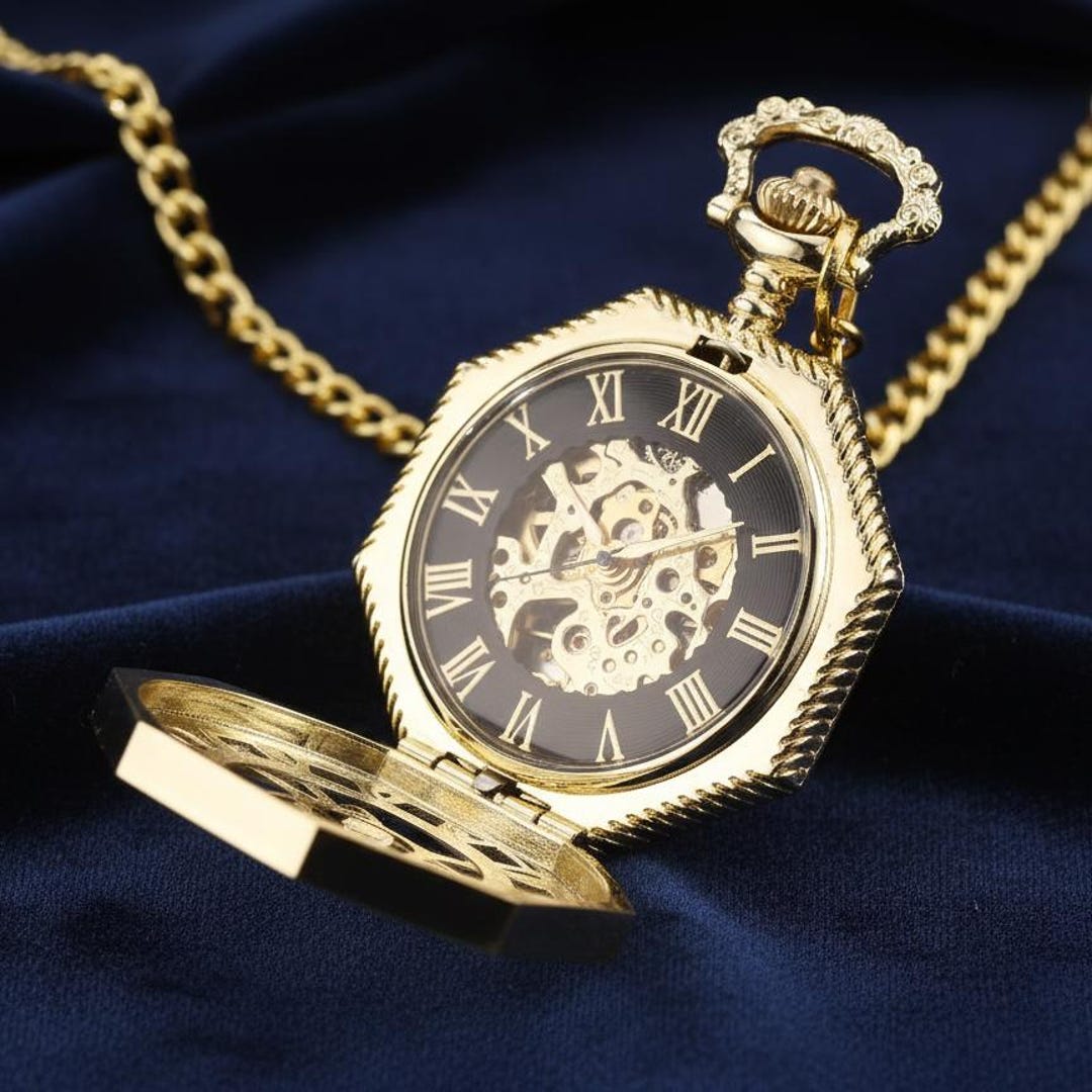 Gold Tone Hexagonal Mechanical Pocket Watch With Skeleton  display picture 3