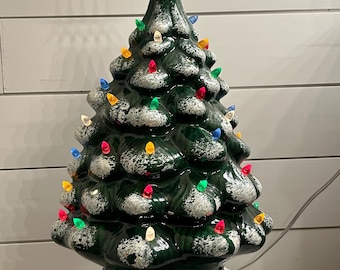 20” Ceramic Christmas Tree w/Lights Flocked Green Kitschy