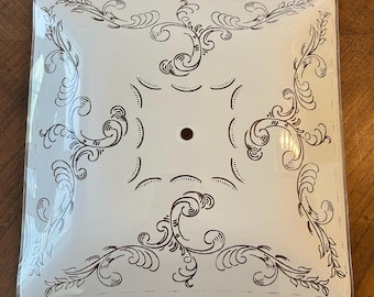 Lámpara de techo cuadrada de cristal esmerilado, estilo retro vintage/MCM, con grabado floral en espiral, 11,75 pulgadas.